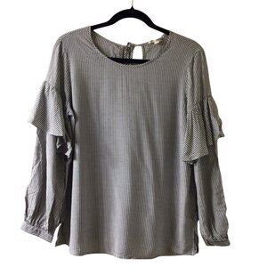 Pleione Top Women’s S Small Gray White Striped Blouse Long Sleeve Ruffle Shirt